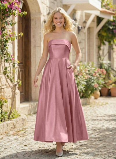 A-Line Strapless Sleeveless Ankle-Length Satin Bridesmaid Dresses With Pockets