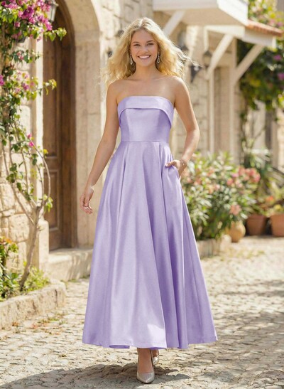 A-Line Strapless Sleeveless Ankle-Length Satin Bridesmaid Dresses With Pockets