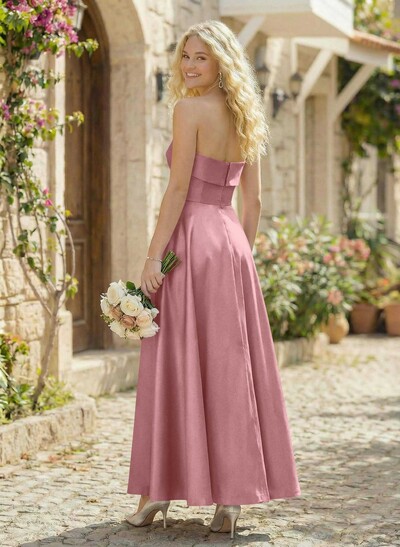 A-Line Strapless Sleeveless Ankle-Length Satin Bridesmaid Dresses With Pockets