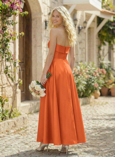 A-Line Strapless Sleeveless Ankle-Length Satin Bridesmaid Dresses With Pockets
