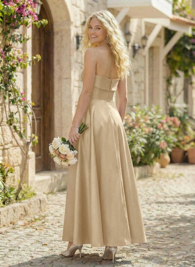 A-Line Strapless Sleeveless Ankle-Length Satin Bridesmaid Dresses With Pockets