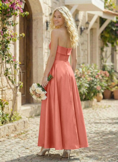 A-Line Strapless Sleeveless Ankle-Length Satin Bridesmaid Dresses With Pockets