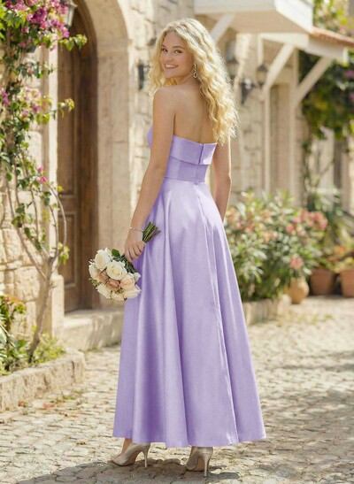 A-Line Strapless Sleeveless Ankle-Length Satin Bridesmaid Dresses With Pockets