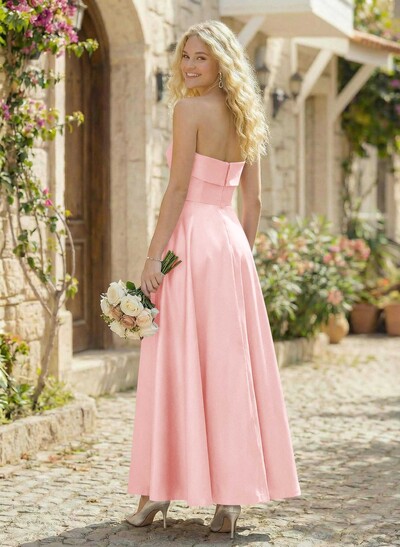 A-Line Strapless Sleeveless Ankle-Length Satin Bridesmaid Dresses With Pockets