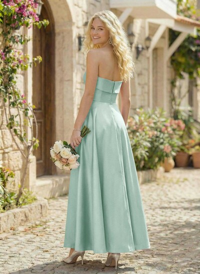 A-Line Strapless Sleeveless Ankle-Length Satin Bridesmaid Dresses With Pockets