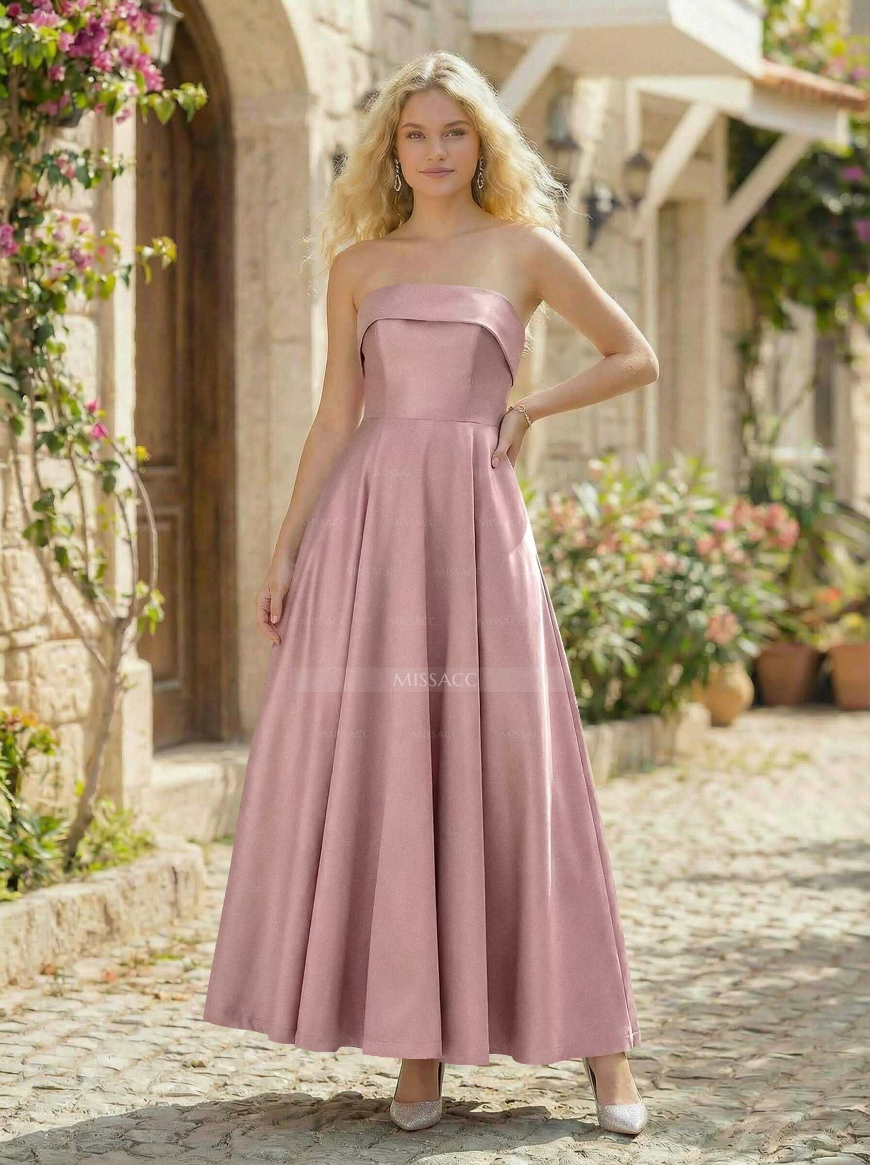A-Line Strapless Sleeveless Ankle-Length Satin Bridesmaid Dresses With Pockets