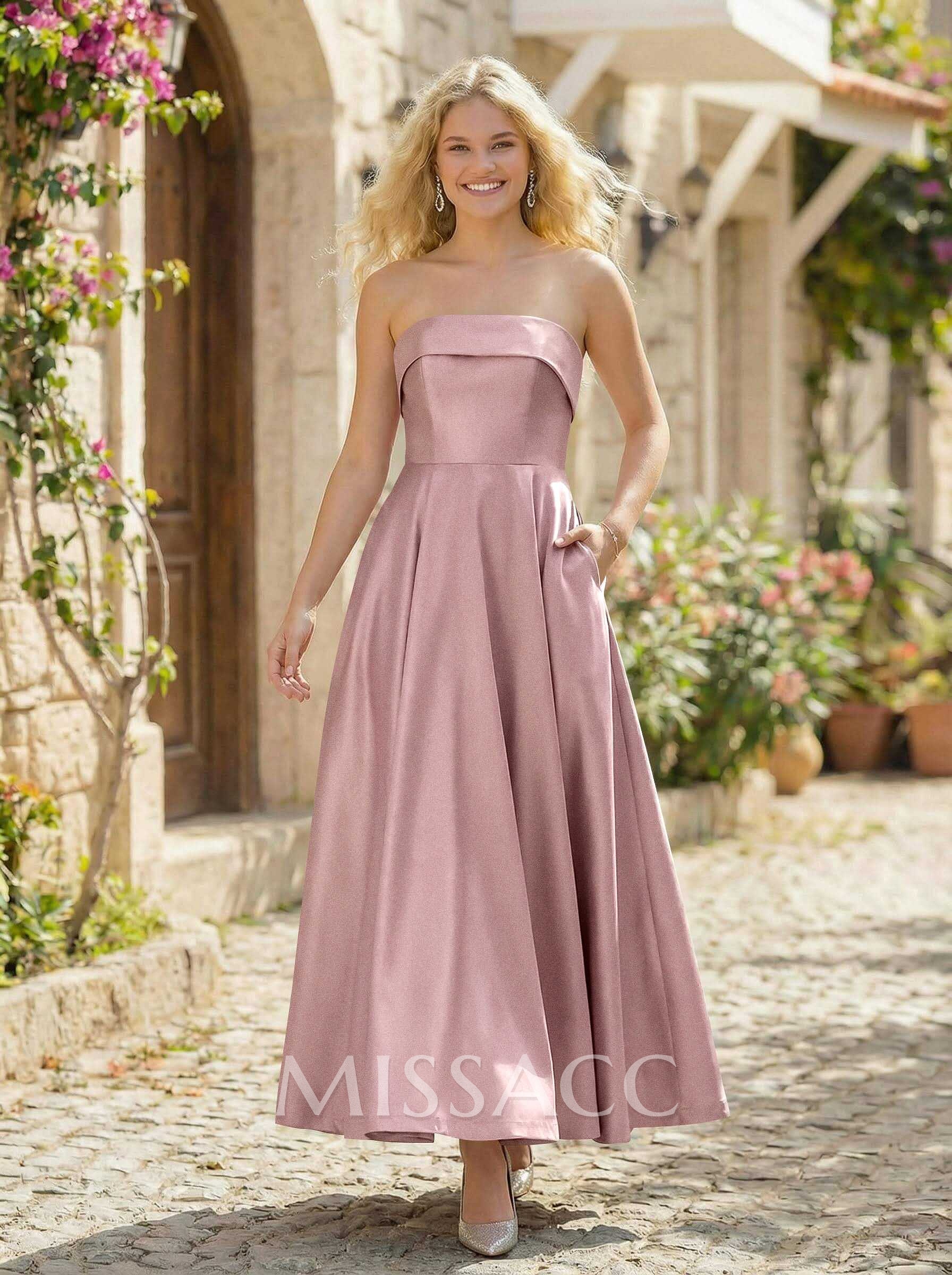 A-Line Strapless Sleeveless Ankle-Length Satin Bridesmaid Dresses With Pockets