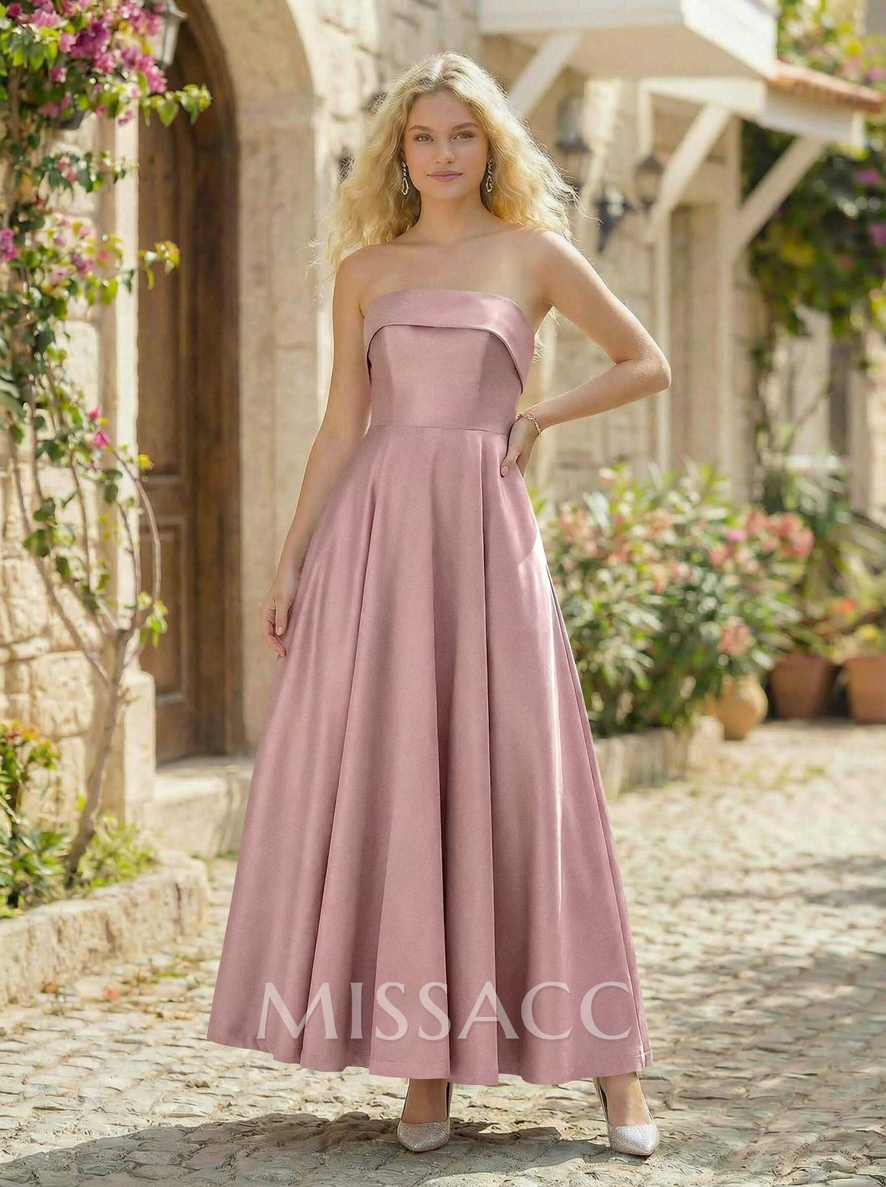 A-Line Strapless Sleeveless Ankle-Length Satin Bridesmaid Dresses With Pockets