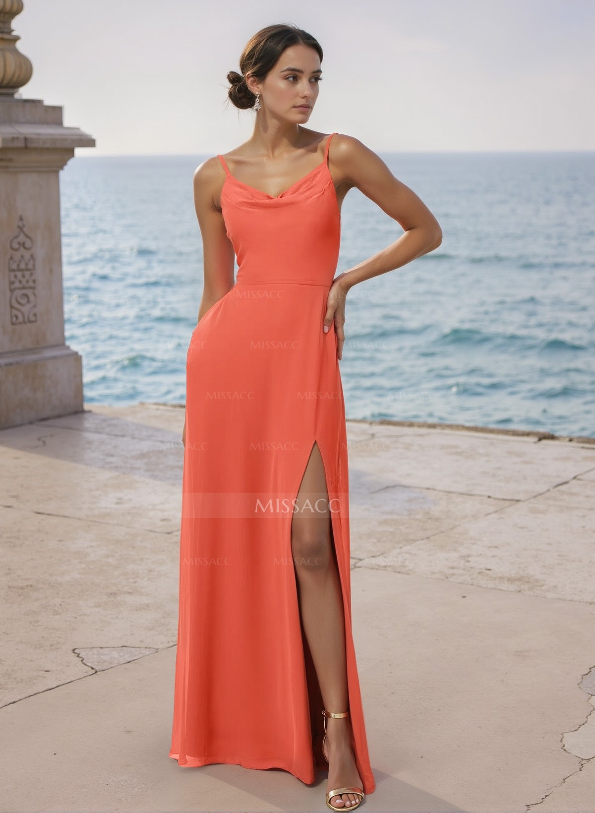 A-Line Cowl Neck Sleeveless Chiffon Bridesmaid Dresses With High Split