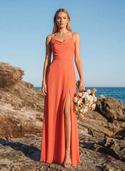 A-Line Cowl Neck Sleeveless Chiffon Bridesmaid Dresses With High Split