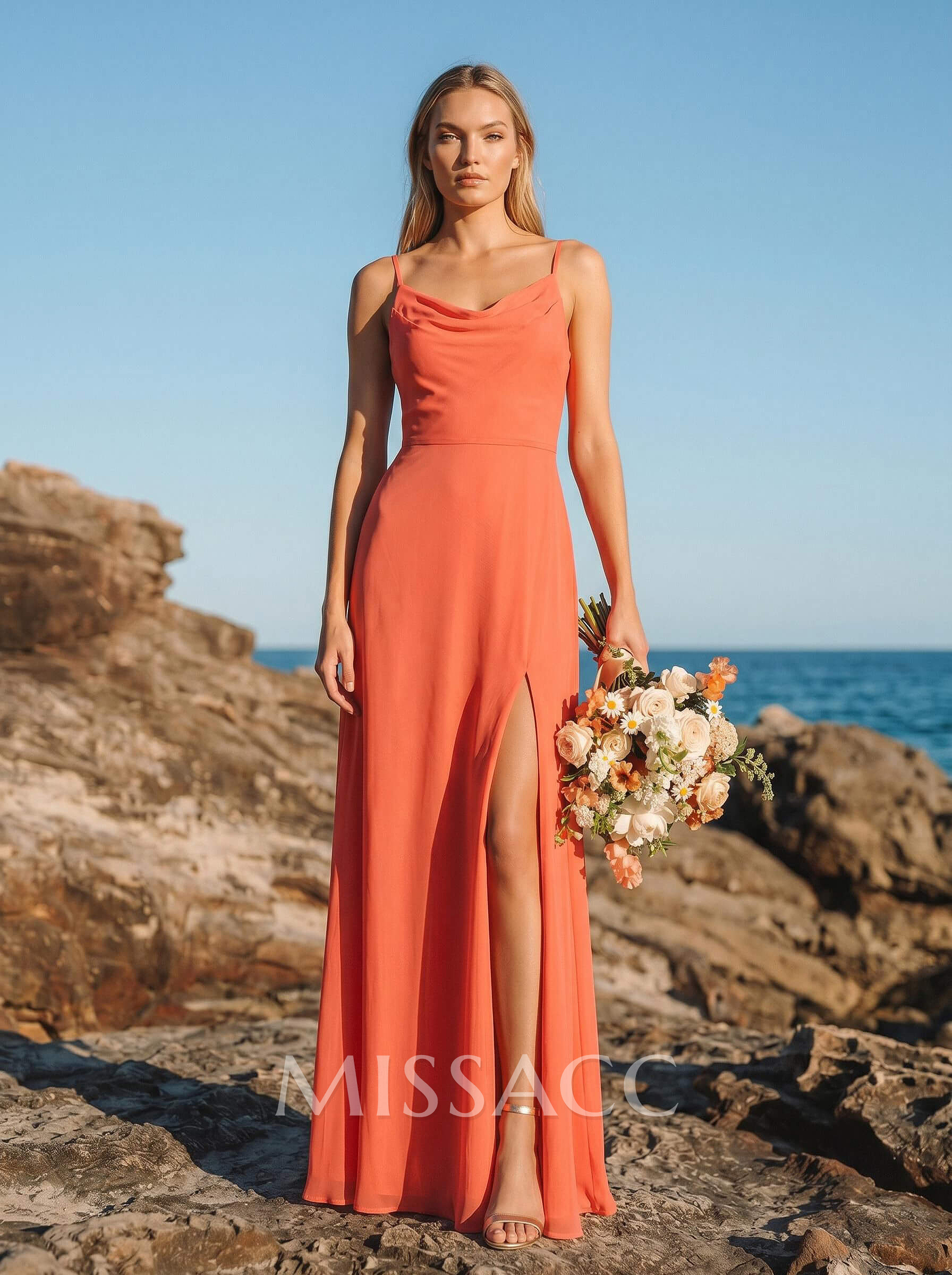 A-Line Cowl Neck Sleeveless Chiffon Bridesmaid Dresses With High Split