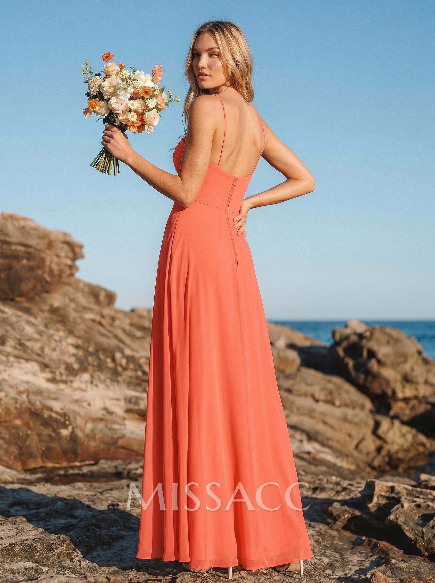 A-Line Cowl Neck Sleeveless Chiffon Bridesmaid Dresses With High Split