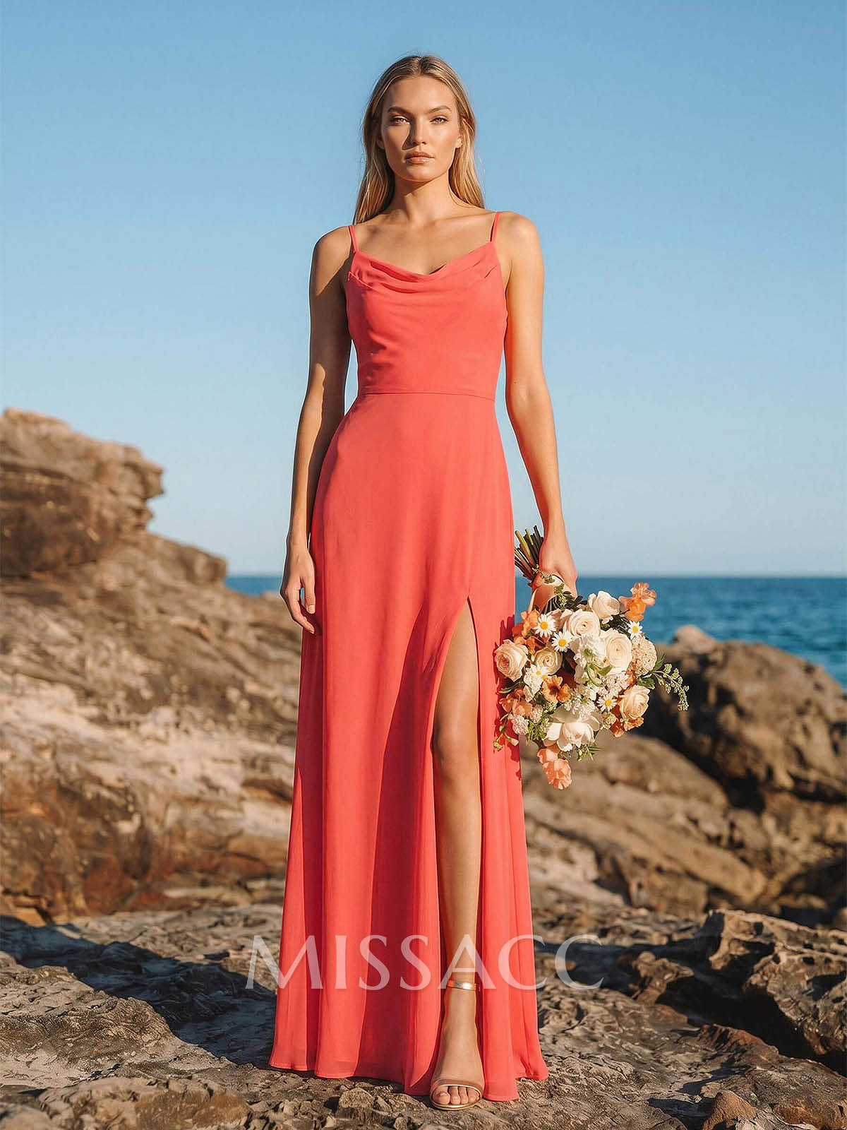 A-Line Cowl Neck Sleeveless Chiffon Bridesmaid Dresses With High Split