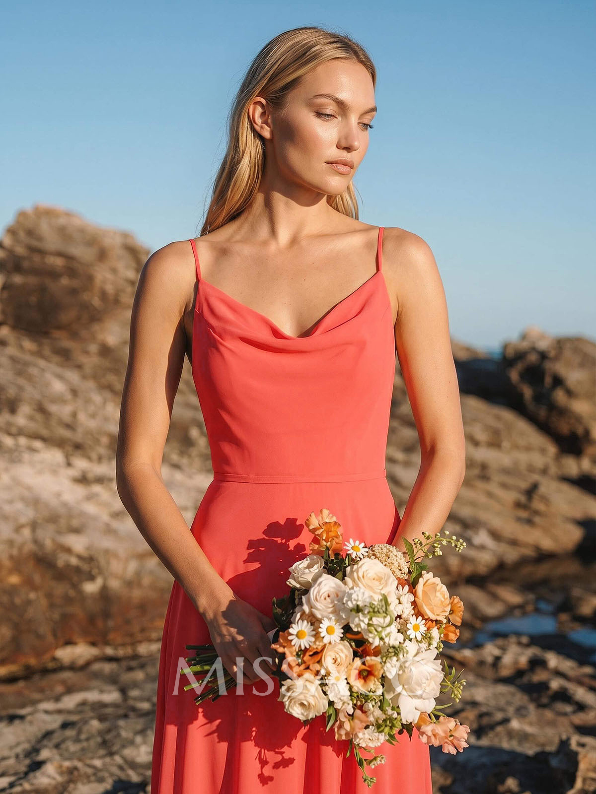 A-Line Cowl Neck Sleeveless Chiffon Bridesmaid Dresses With High Split