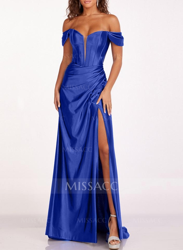 Sheath/Column Off-The-Shoulder Silk Like Satin Bridesmaid Dresses With High Split