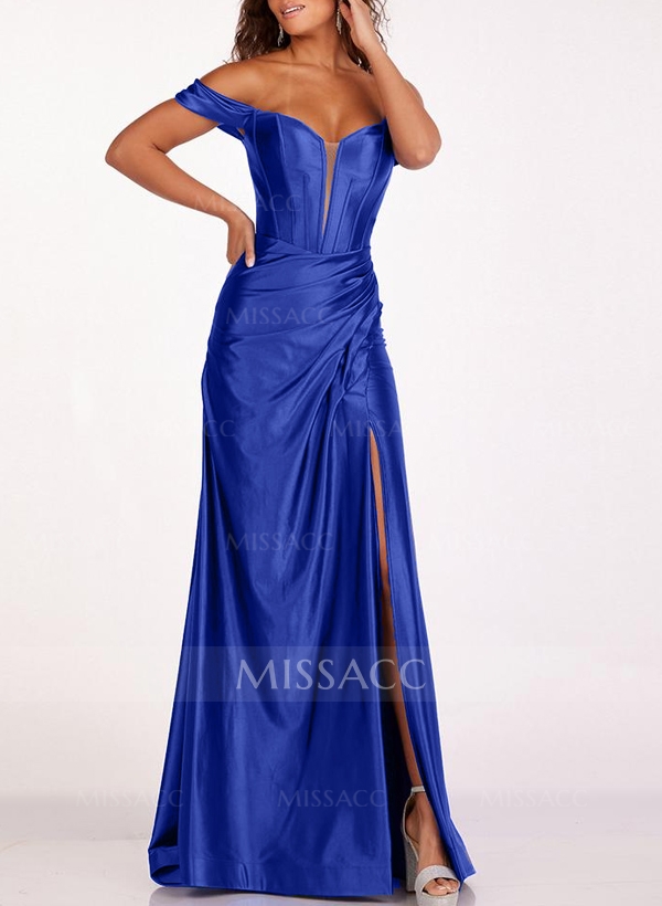 Sheath/Column Off-The-Shoulder Silk Like Satin Bridesmaid Dresses With High Split