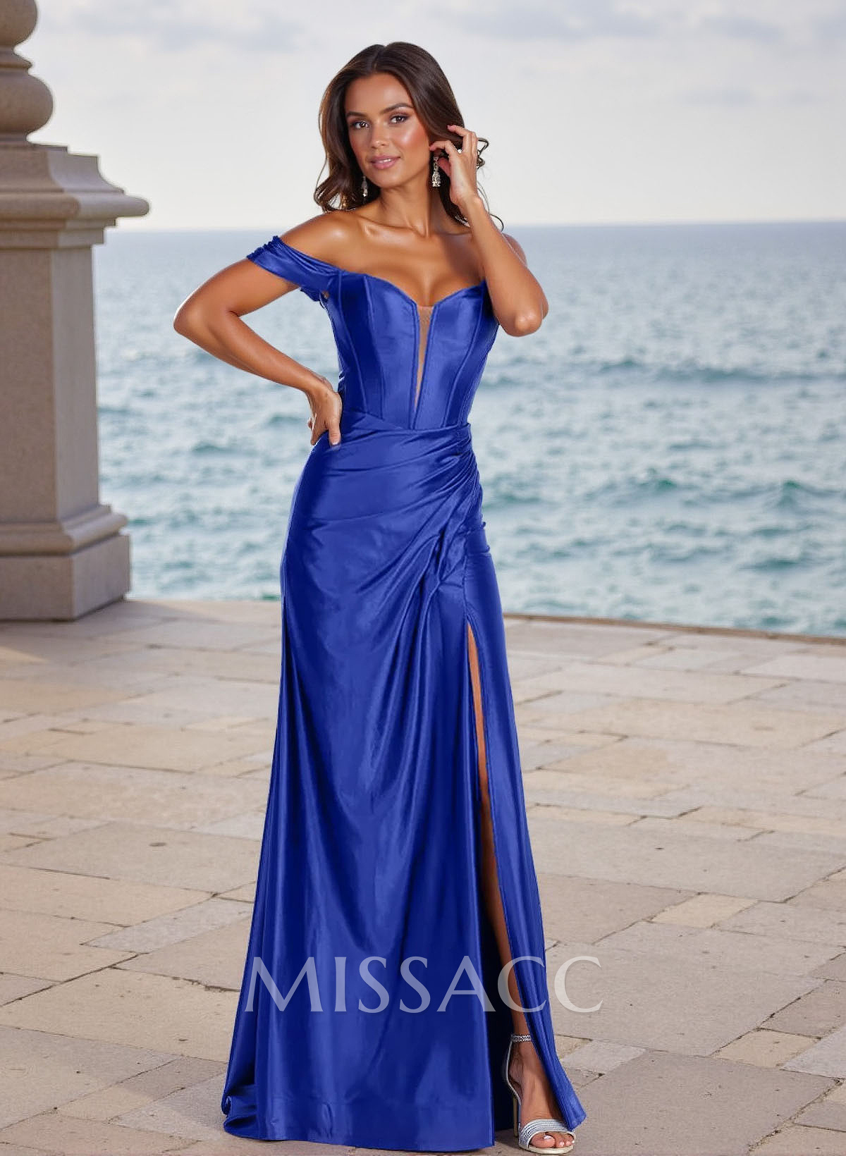 Sheath/Column Off-The-Shoulder Stretch Satin Knit Bridesmaid Dresses With High Split