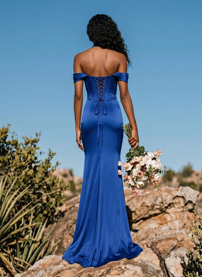 Sheath/Column Off-The-Shoulder Stretch Satin Knit Bridesmaid Dresses With High Split