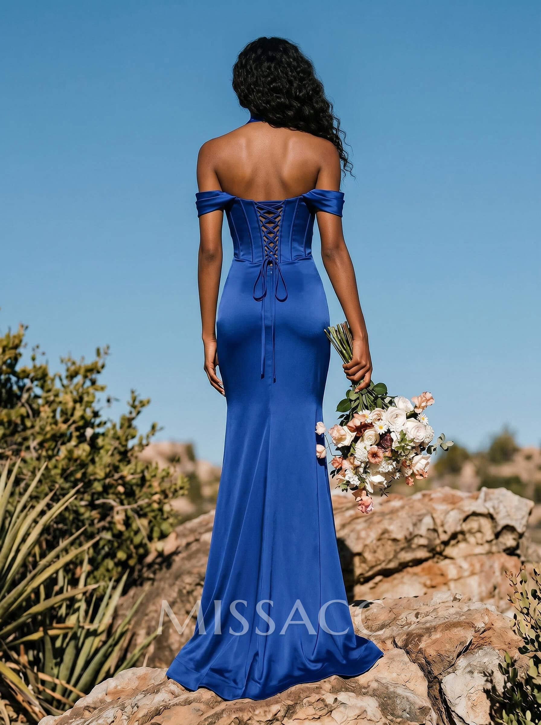 Sheath/Column Off-The-Shoulder Stretch Satin Knit Bridesmaid Dresses With High Split