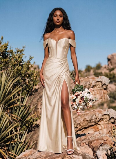 Fitted Off-The-Shoulder Stretch Satin Bridesmaid Dresses With High Split