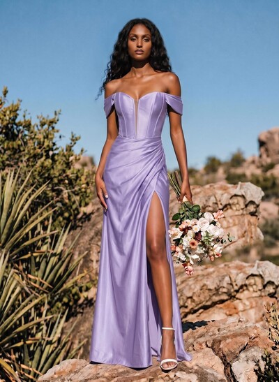 Sheath/Column Off-The-Shoulder Stretch Satin Bridesmaid Dresses With High Slit