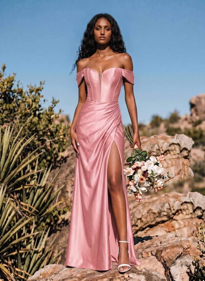 Sheath/Column Off-The-Shoulder Stretch Satin Knit Bridesmaid Dresses With High Split