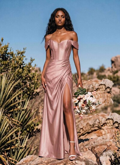 Sheath/Column Off-The-Shoulder Stretch Satin Knit Bridesmaid Dresses With High Split