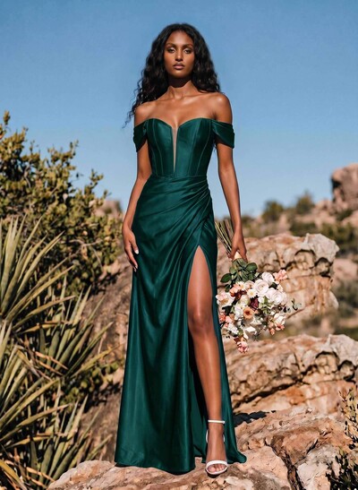 Sheath/Column Off-The-Shoulder Stretch Satin Knit Bridesmaid Dresses With High Split