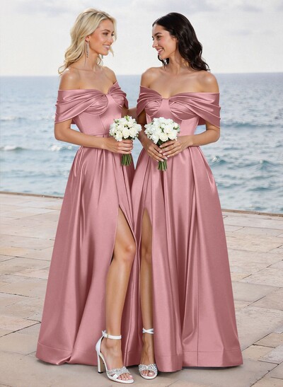 A-Line Off-The-Shoulder Sleeveless Satin Bridesmaid Dresses With High Split