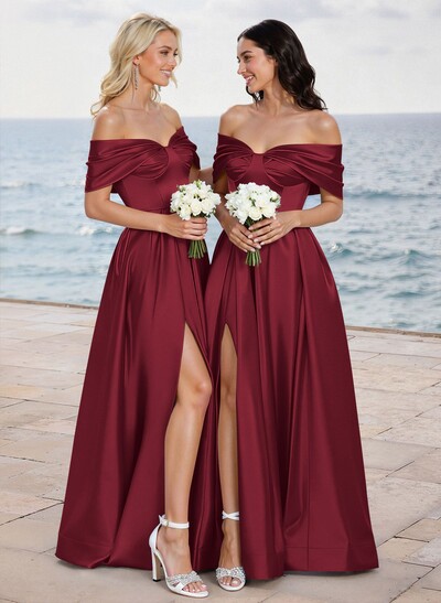 A-Line Off-The-Shoulder Sleeveless Satin Bridesmaid Dresses With High Split