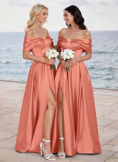 A-Line Off-The-Shoulder Sleeveless Satin Bridesmaid Dresses With High Split