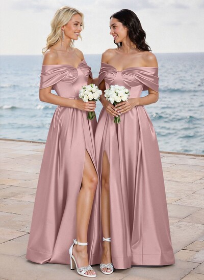 A-Line Off-The-Shoulder Sleeveless Satin Bridesmaid Dresses With High Split