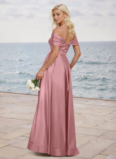 A-Line Off-The-Shoulder Sleeveless Satin Bridesmaid Dresses With High Split