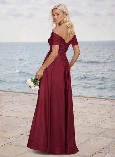 A-Line Off-The-Shoulder Sleeveless Satin Bridesmaid Dresses With High Split