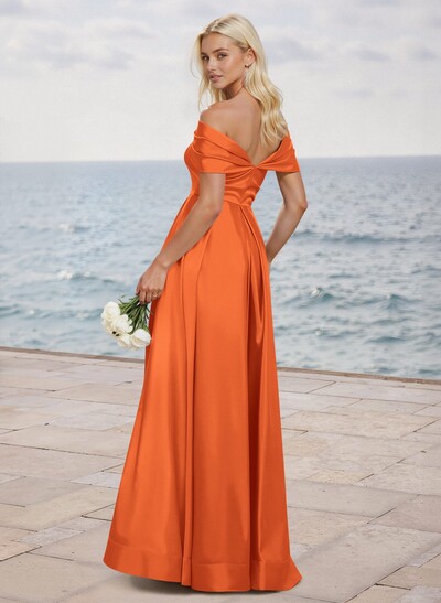 A-Line Off-The-Shoulder Sleeveless Satin Bridesmaid Dresses With High Split