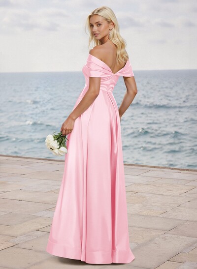 A-Line Off-The-Shoulder Sleeveless Satin Bridesmaid Dresses With High Split