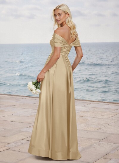 A-Line Off-The-Shoulder Sleeveless Satin Bridesmaid Dresses With High Split