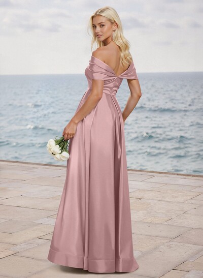 A-Line Off-The-Shoulder Sleeveless Satin Bridesmaid Dresses With High Split