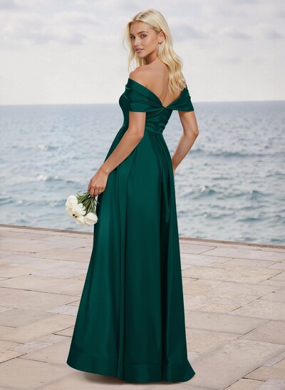 A-Line Off-The-Shoulder Sleeveless Satin Bridesmaid Dresses With High Split