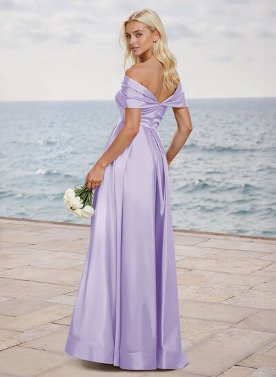 A-Line Off-The-Shoulder Sleeveless Satin Bridesmaid Dresses With High Split