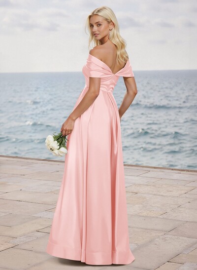 A-Line Off-The-Shoulder Sleeveless Satin Bridesmaid Dresses With High Split