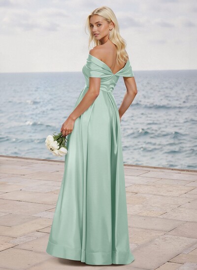 A-Line Off-The-Shoulder Sleeveless Satin Bridesmaid Dresses With High Split