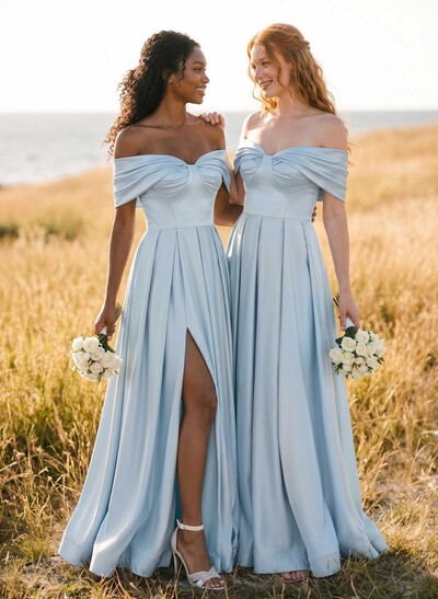 A-Line Off-The-Shoulder Sleeveless Satin Bridesmaid Dresses With High Split