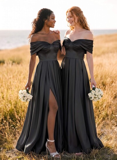 A-Line Off-The-Shoulder Sleeveless Satin Bridesmaid Dresses With High Split