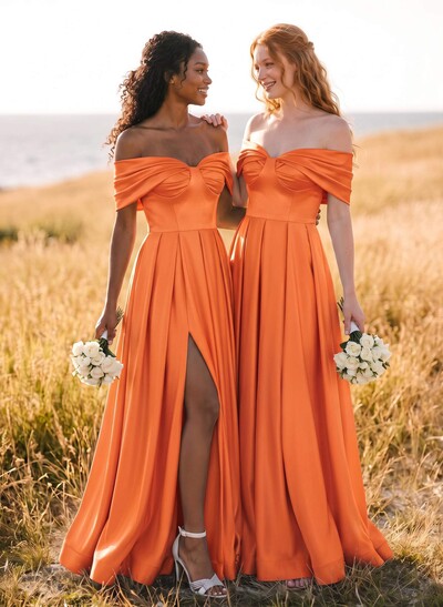 A-Line Off-The-Shoulder Sleeveless Satin Bridesmaid Dresses With High Split