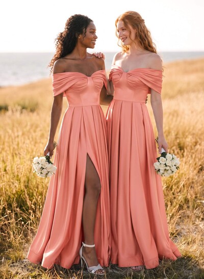 A-Line Off-The-Shoulder Sleeveless Satin Bridesmaid Dresses With High Split