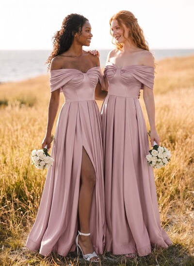 A-Line Off-The-Shoulder Sleeveless Satin Bridesmaid Dresses With High Split