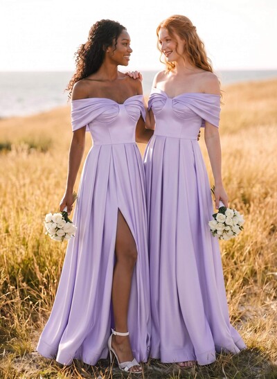 A-Line Off-The-Shoulder Sleeveless Satin Bridesmaid Dresses With High Split