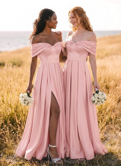 A-Line Off-The-Shoulder Sleeveless Satin Bridesmaid Dresses With High Split