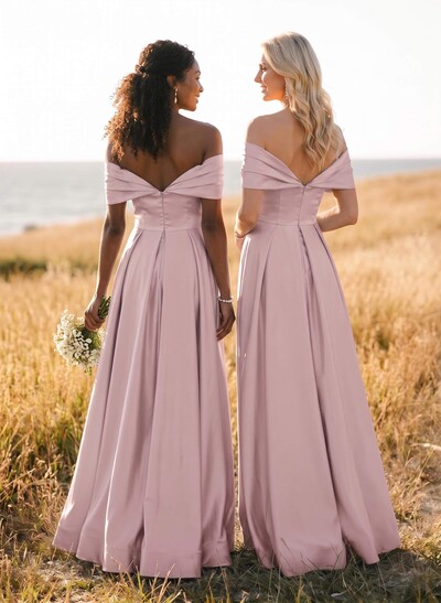 A-Line Off-The-Shoulder Sleeveless Satin Bridesmaid Dresses With High Split